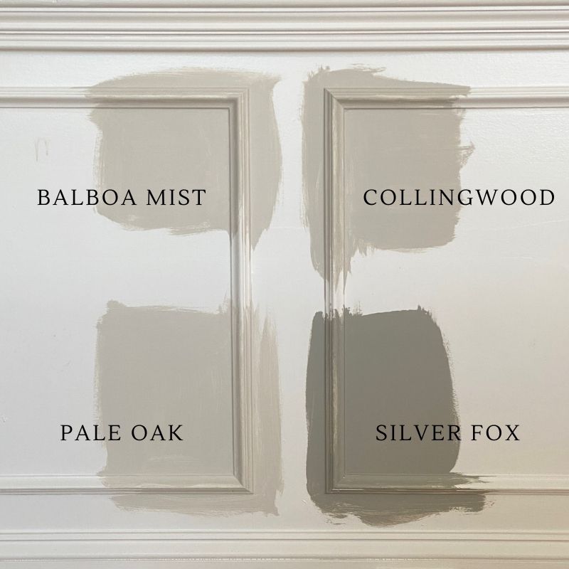 Benjamin Moore Collingwood, Benjamin Moore Balboa Mist, Benjamin Moore Pale Oak, Benjamin Moore Silver Fox