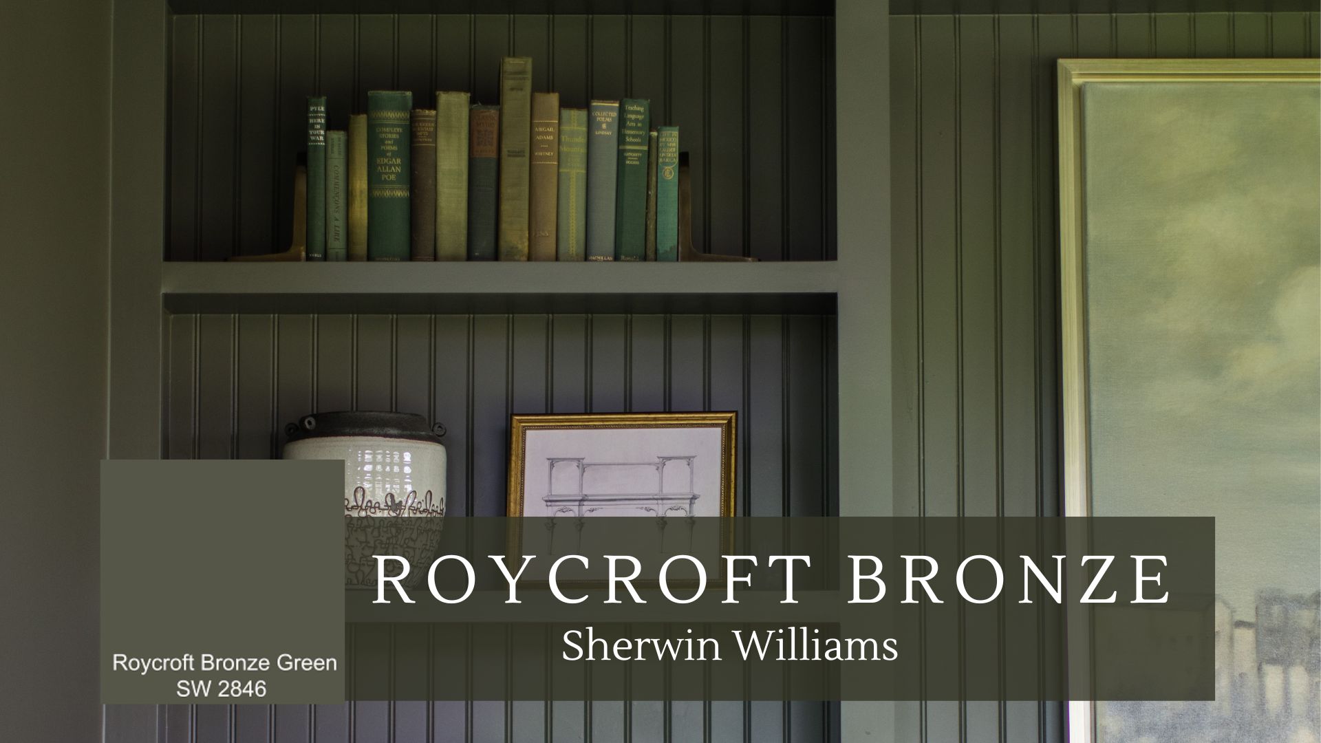 Roycroft Bronze Green Paint Color in The Arched Manor Home Office