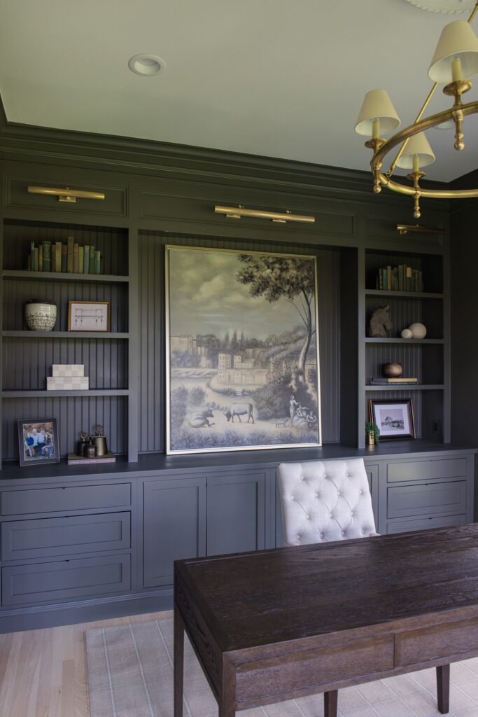 Roycroft Green Paint by Sherwin Williams on cabinetry in a home office