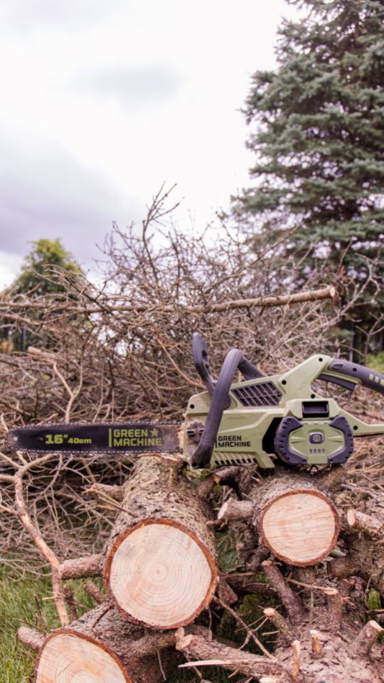 The Green Machine Chainsaw took down our tree with ease!
