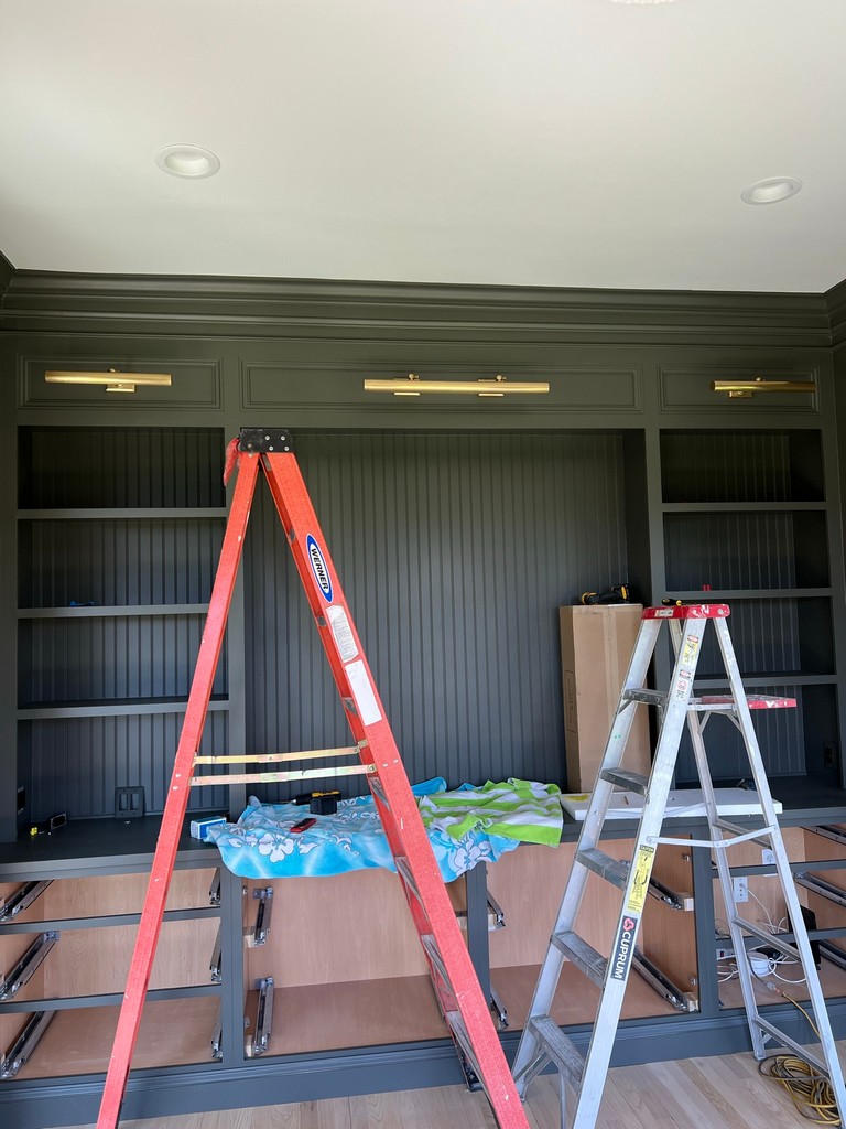 Office Built-in Shelves in our home office! Installing the sconces