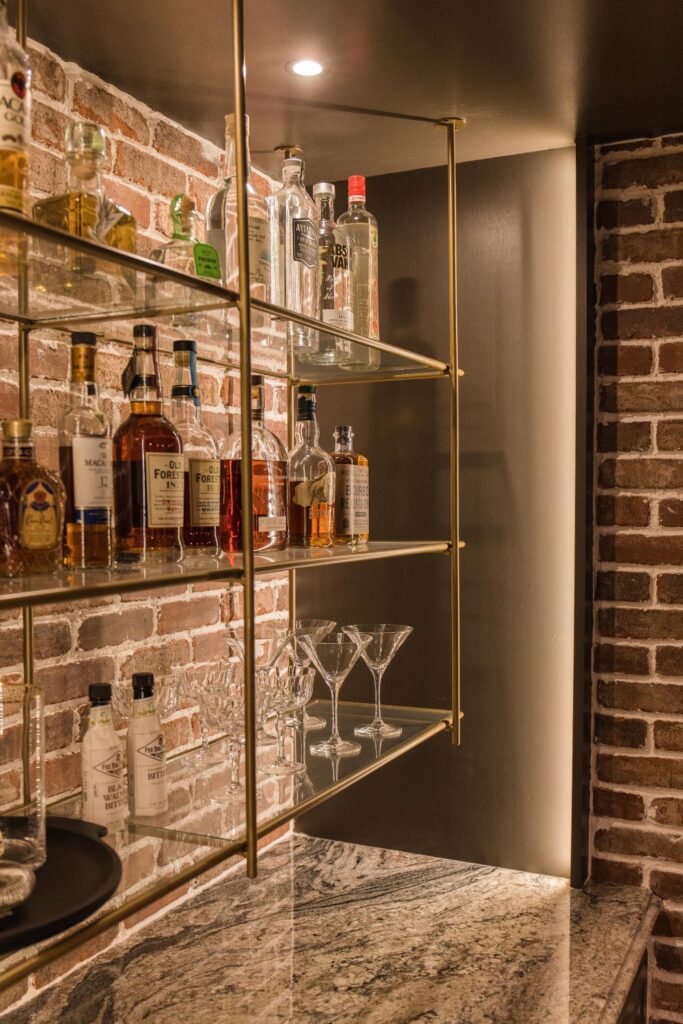 basement bar brass shelf