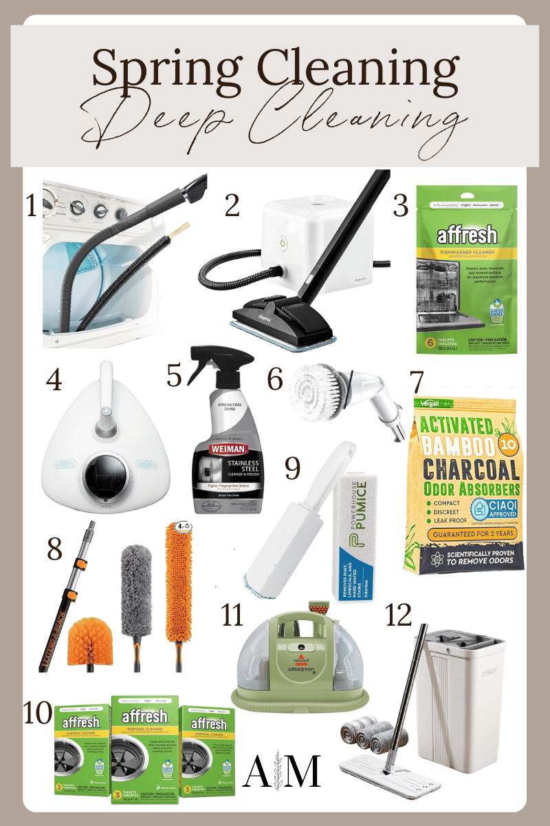 spring cleaning refresh, deep cleaning supplies, dryer vent cleaning kit, steam cleaner, dishwasher cleaning tablets, mattress vacuum cleaner with UV light, stainless steel cleaner, stone toilet bowl scrubber, charcoal odor absorbers, garbage disposal cleaner, portable carpet cleaner, squeeze mop and bucket