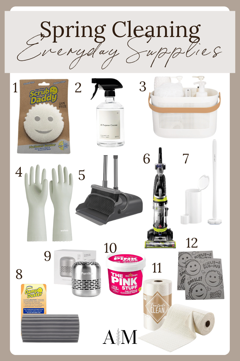 Spring cleaning refresh, everyday cleaning supplies, scrub daddy, glass cleaner, cleaning supplies storage bucket, gloves, broom and dust pan, vacuum, toilet bowl brush, refrigerator deodorizer, cleaning paste, damp dusters, microfiber cleaning cloth roll