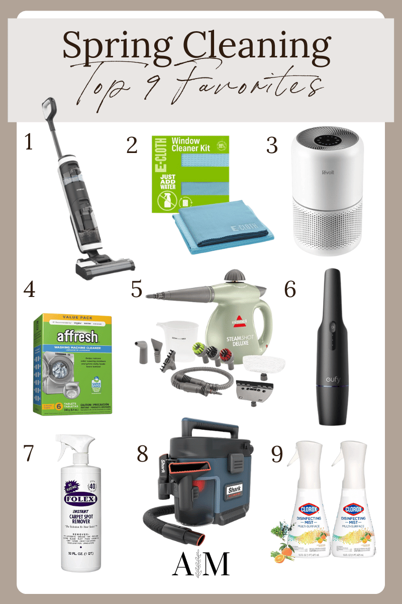 spring cleaning refresh, top 9 favorite cleaning finds. from amazon, cordless wet and dry vacuum, microfiber glass cleaning cloth, air purifier, washing machine cleaner, steam shot cleaner for grout, handheld vacuum for car, carpet spot remover, shark 1 wet dry vacuum, Clorox disinfecting cleaner