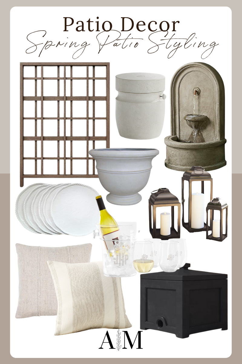 spring patio decor finds, accent/end table, candle lanterns, throw pillows, plates, planter