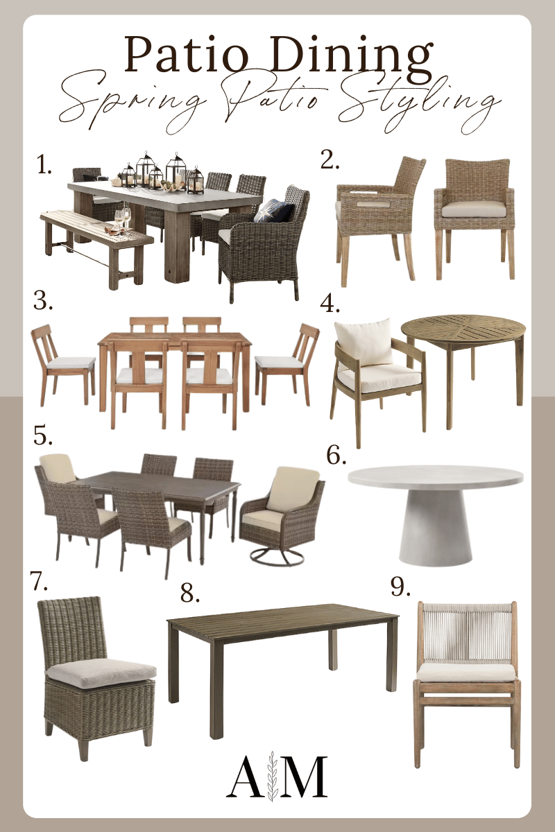 spring patio dining sets, chairs, and tables collage