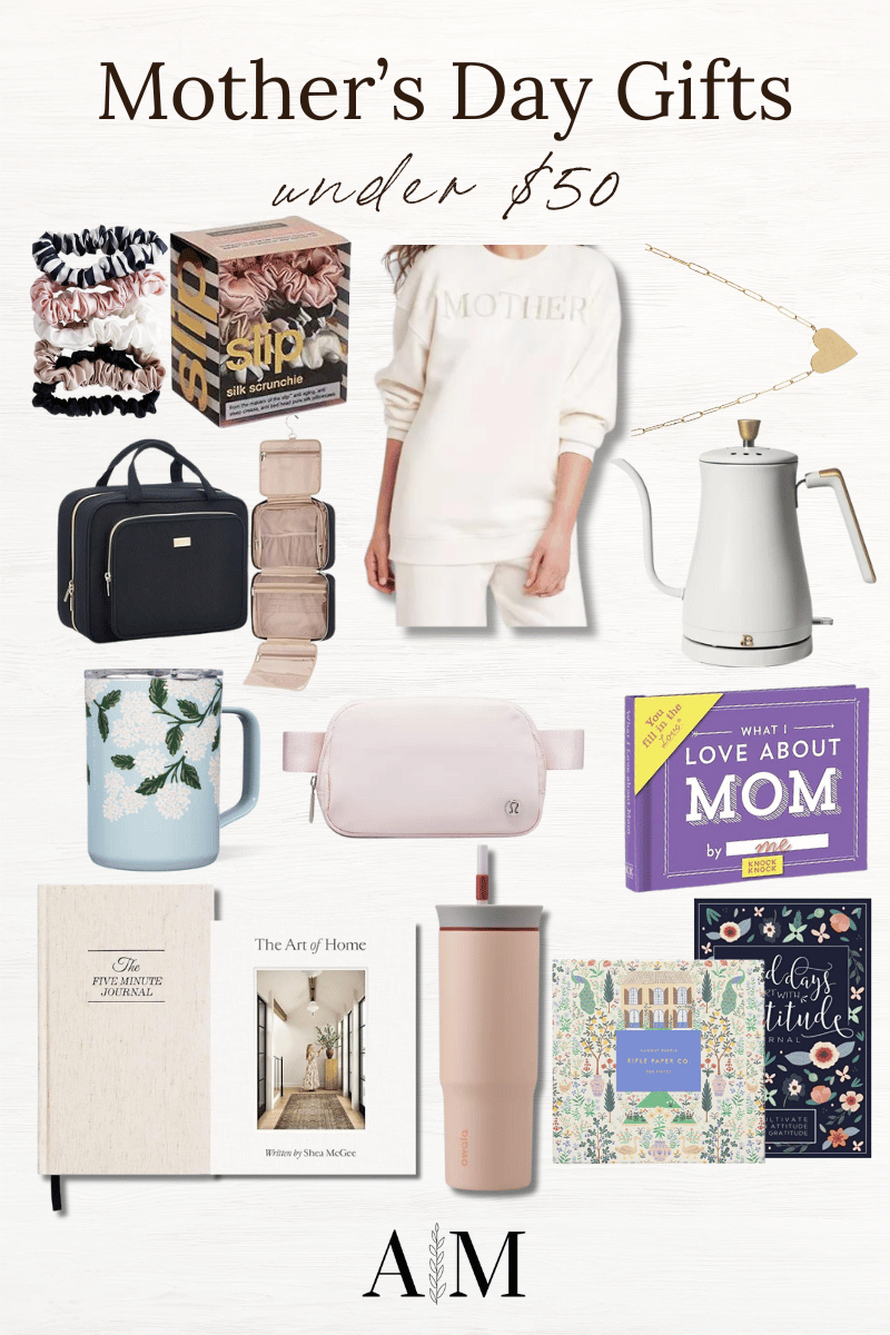 mother's day gift guide | mother's day, mother's day gift, gifts for mom, gift guide, mom book, book, mug, tea pot, travel kit, tumbler, gratitude, hair tie, scrunchie, necklace, loungewear