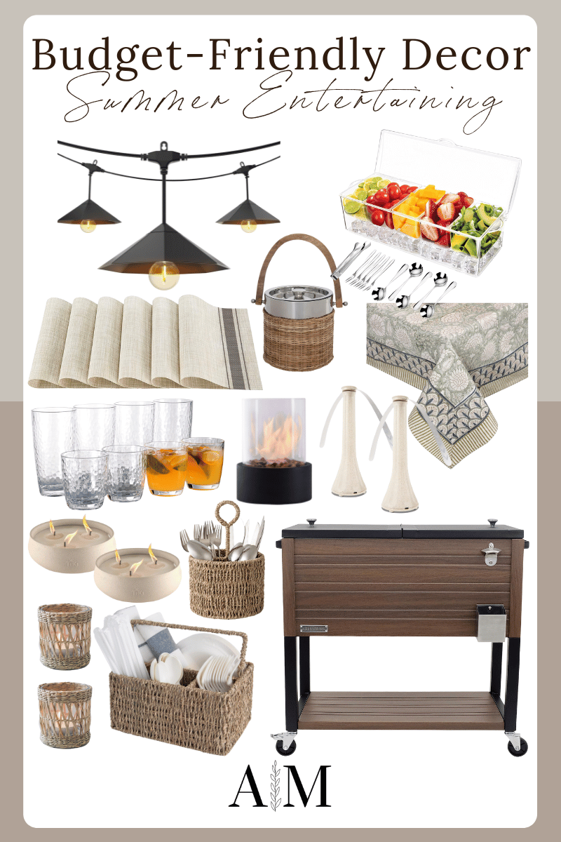 budget-friendly decor finds, hanging string lights, serving trays, wicker ice buckets, tablecloth, BBQ fly fans, standing cooler, candle holder, wicker candleholders, utensil holder