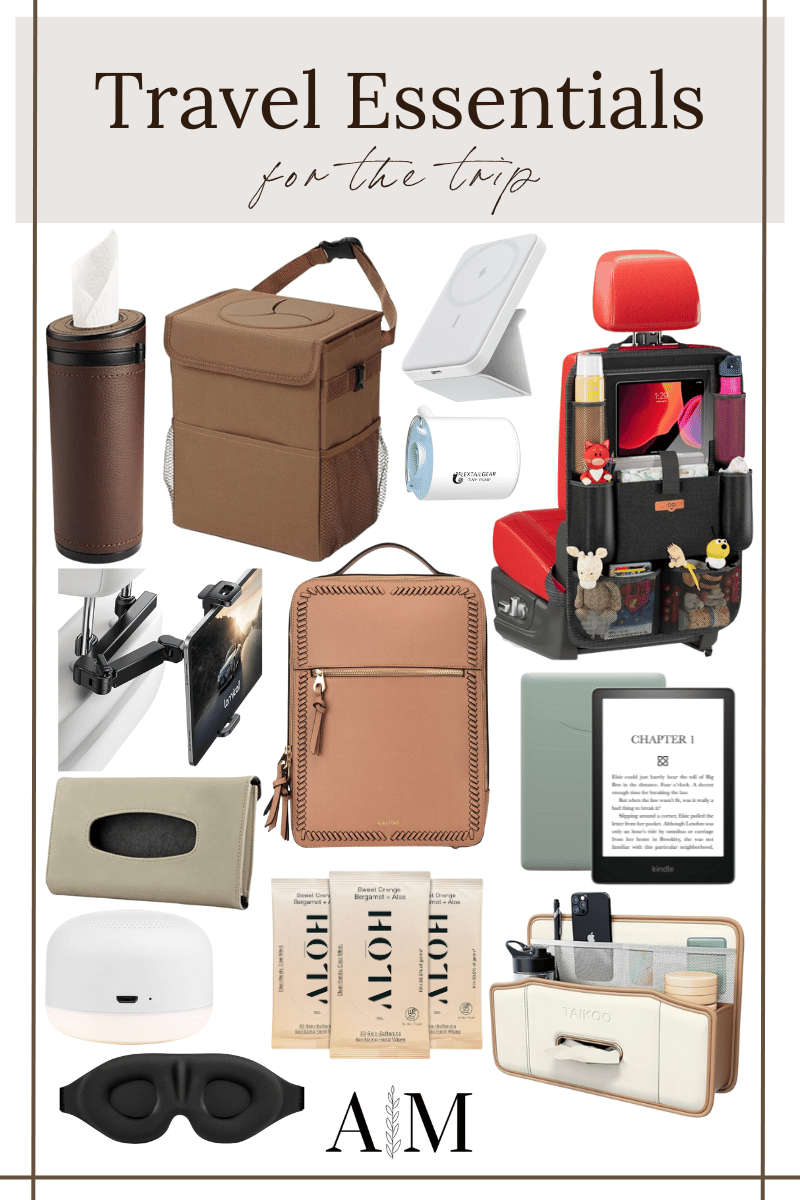Travel essentials for the trip, Car Tissue Tube, Car Garbage Can, Magnetic Phone Charger, Portable Air Pump, Car Organizer, Headrest Tablet Holder, Laptop Backpack,  Kindle, Car Tissue Holder, Portable White Noise Machine, Hand Sanitizer  Wipes, Sleep Eye Mask, Car Seat Organizer