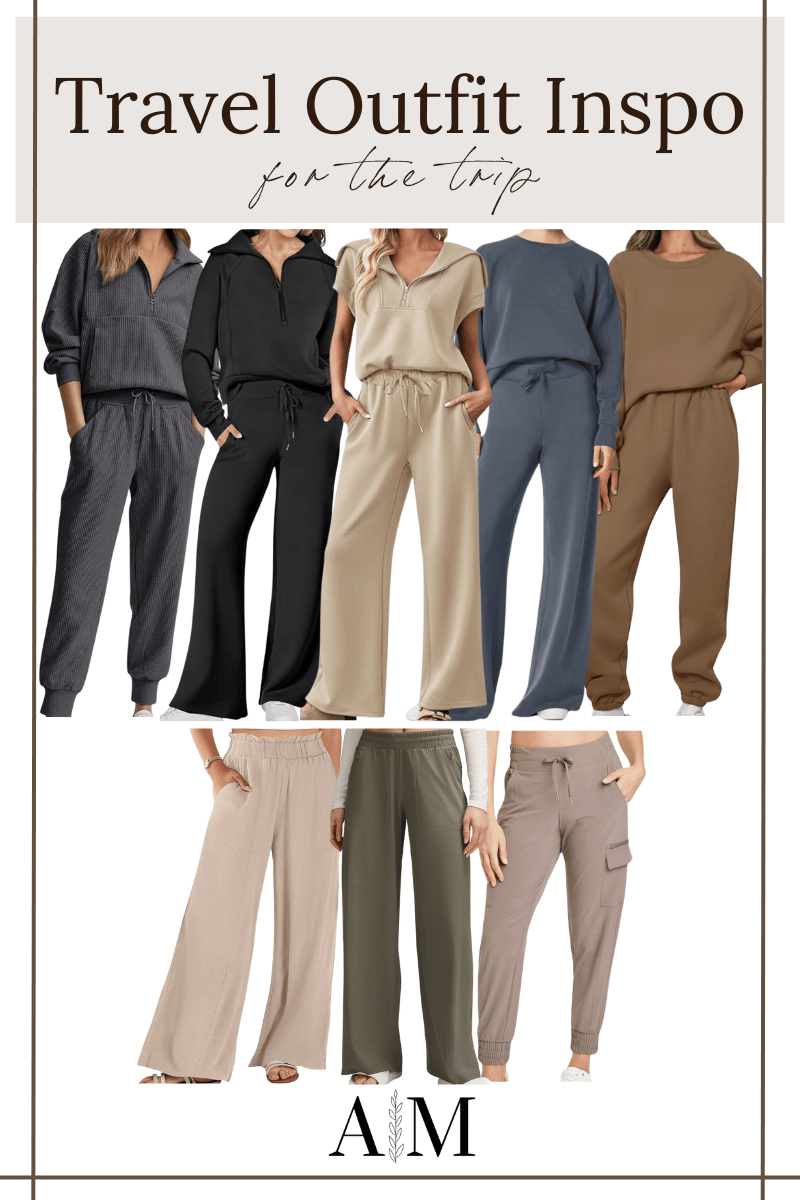 Travel outfit inspo for the trip, matching lounge sets, Dark Grey Tracksuit, Black Matching Set, Beige Lounge Set, Dark Blue Pullover, Dark Blue Lounge Pants, Brown Matching Set, Tan Linen Pants, Army Green Pants, Cargo Joggers