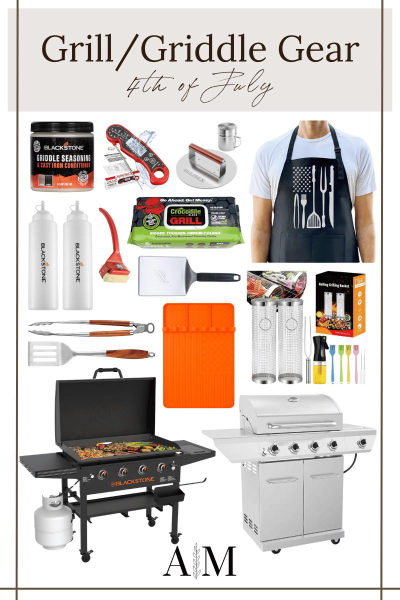 4th of July, grill/griddle gear, meat themometer, grill wipes, hamburger spatula, backstone griddle, silver grill, cooking oil spray bottles, grill baskets, men's grilling apron