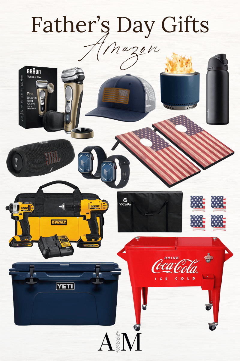 father's day gifts from Amazon, electric razor, hat, solo stove, water bottle, speaker, apple watch, American flag corn hole set, drill and tool set, navy blue yeti cooler, standing coca-cola cooler