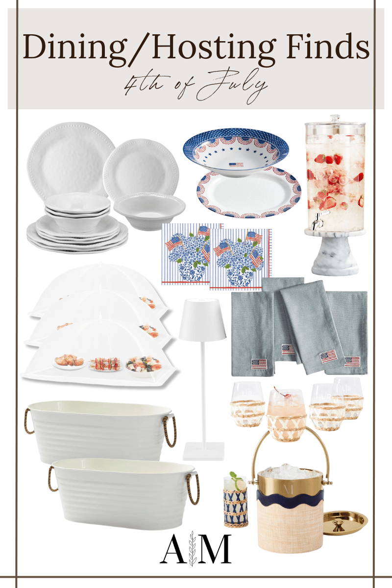 4th of July dining and hosting finds, white dinnerware set, flag serving plate, flag serving bowl, drink dispenser, cocktail napkins, linen flag napkins, wine glasses, ice bucket, rechargeable table lamp, food covers, off-white buckets