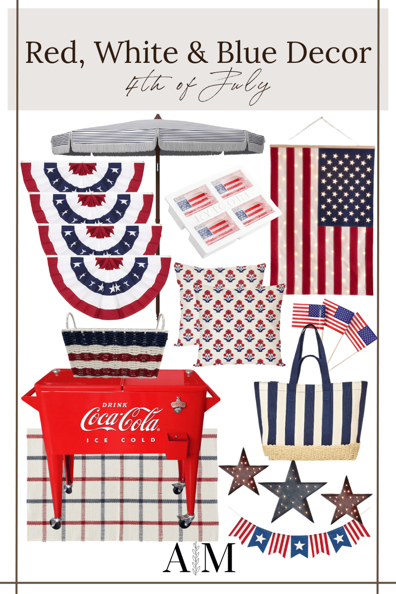 4th of July, red white and blue decor, American bunting flags, patio umbrella, flag ice cube mold, hanging light-up flag, throw pillows, tote bag, woven basket, standing coca-cola cooler, accent rug, hanging star decor, hanging American flag banner
