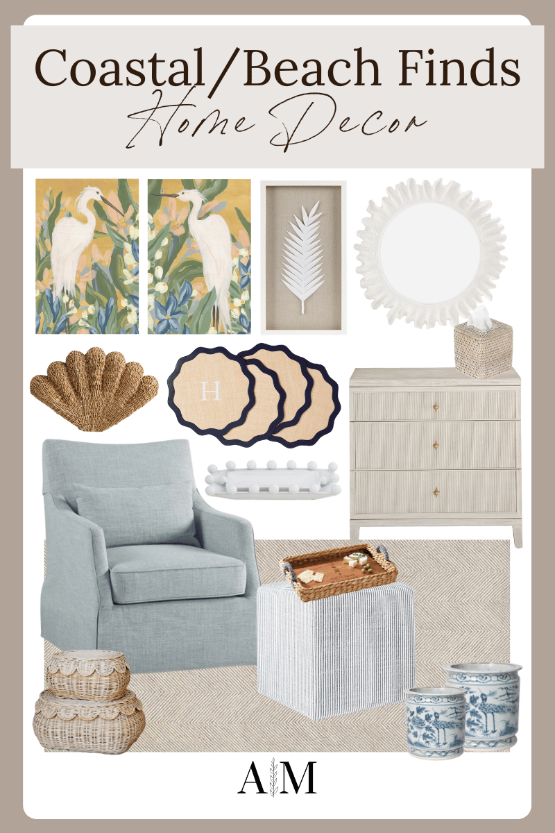 coastal/beach home decor finds, coastal bird wall art set, floral wall art, round wall mirror, placemats, woven seashell decor, light blue swivel chair, storage cabinet, rattan tissue box cover, white decorative tray, neutral area rug, rattan basket set, ottoman, woven tray, blue and white pots