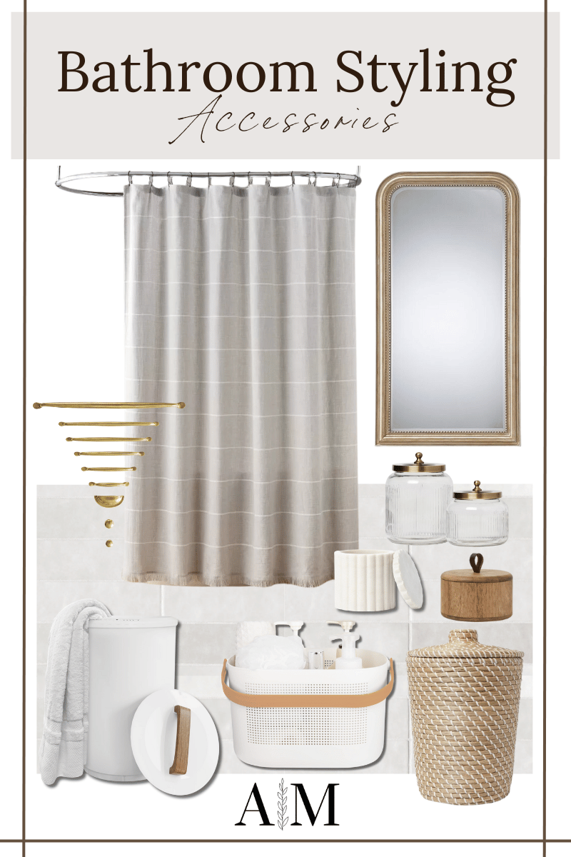Bathroom styling, accessories, decor, shower curtain, mirror, wastebasket, glass canister, wooden canister, tile, towel warmer