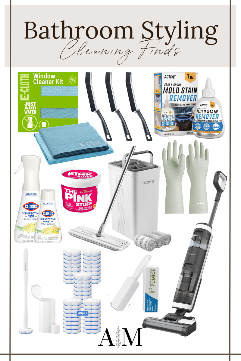 Bathroom Styles, cleaning supplies, cleaning paste, vacuum, mop, microfiber towels, disinfecting spray, gloves, bristle brush, mold remover, toilet brush, pumice stone