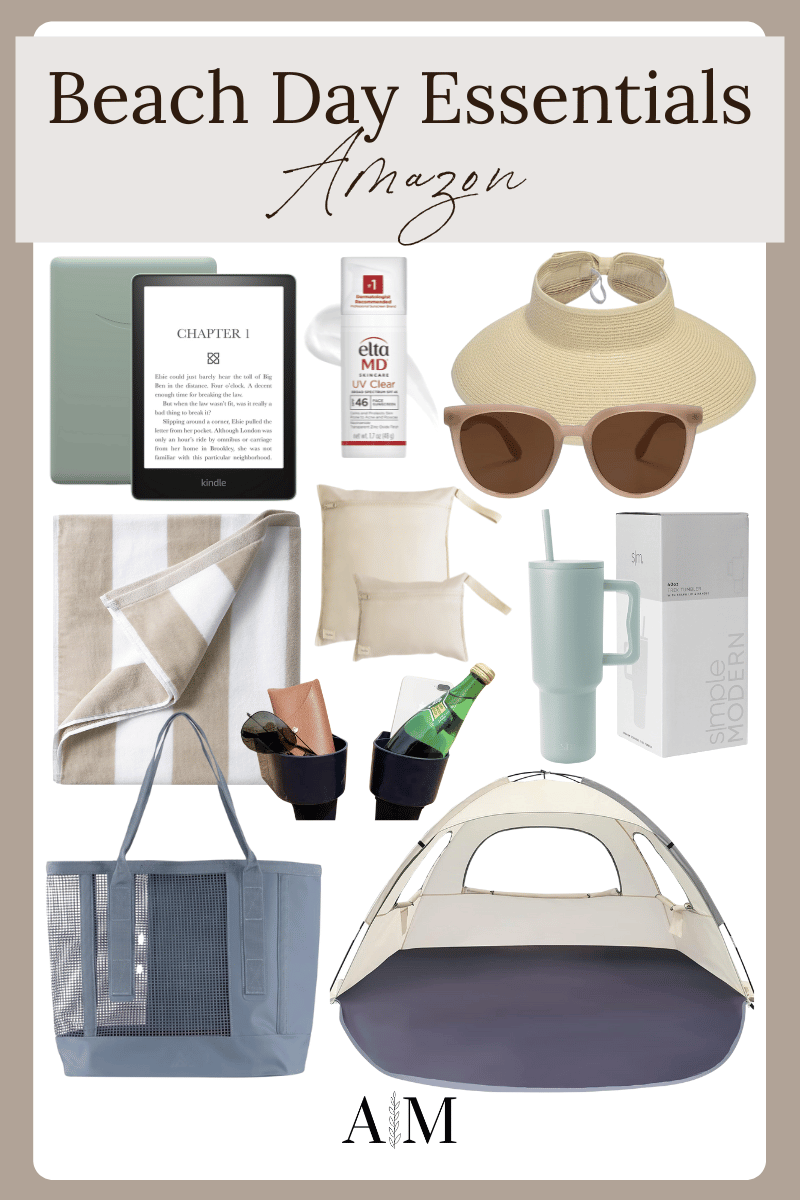 beach day essentials from Amazon, kindle paperwhite, face sunscreen, sun hat, sunglasses, beach towel, wet bags, simple modern tumbler, beach cup holders, beach tent, beach tote bag