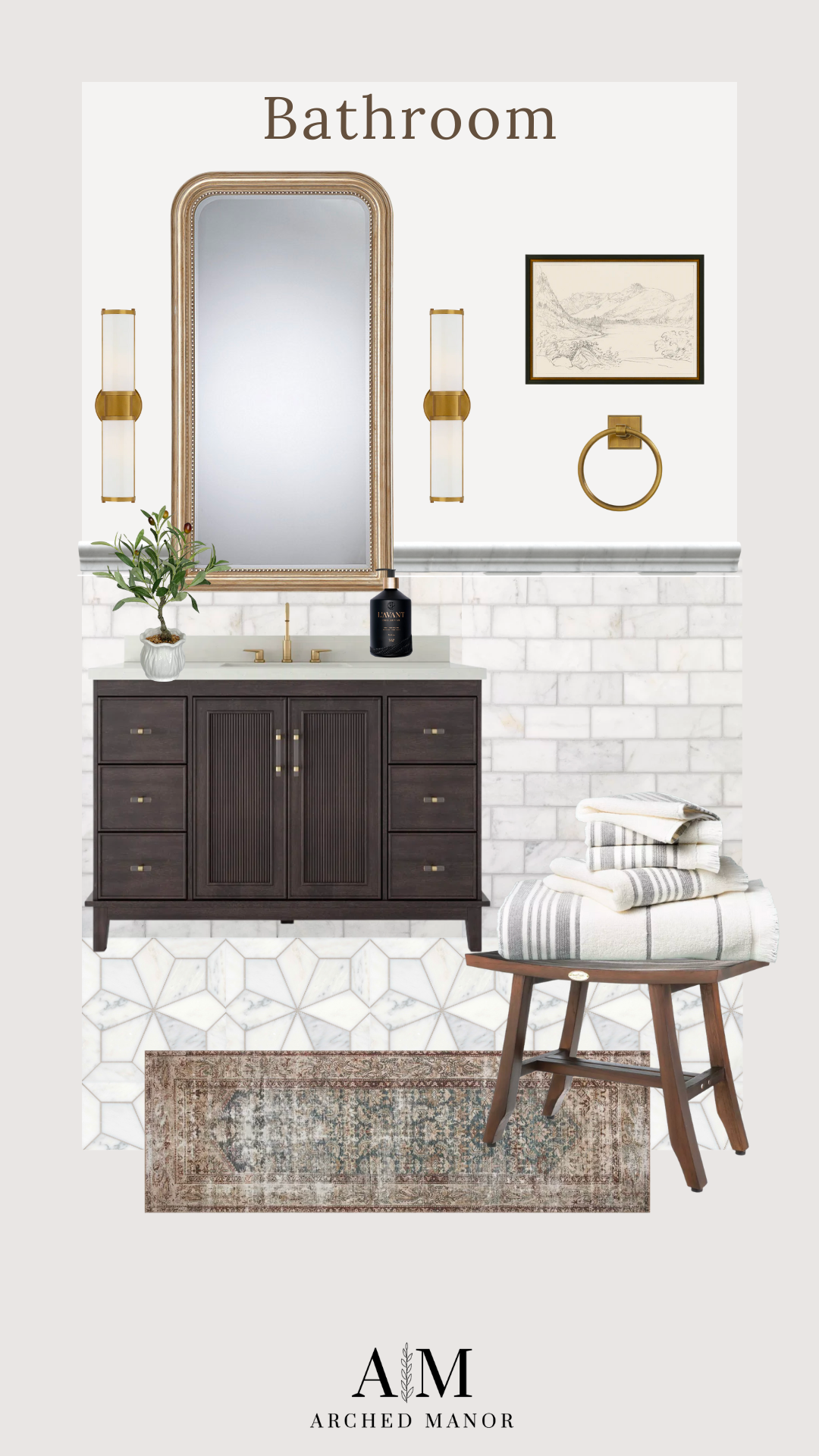Bathroom Mood board | vanity, tile, mirror, lighting, gold handles