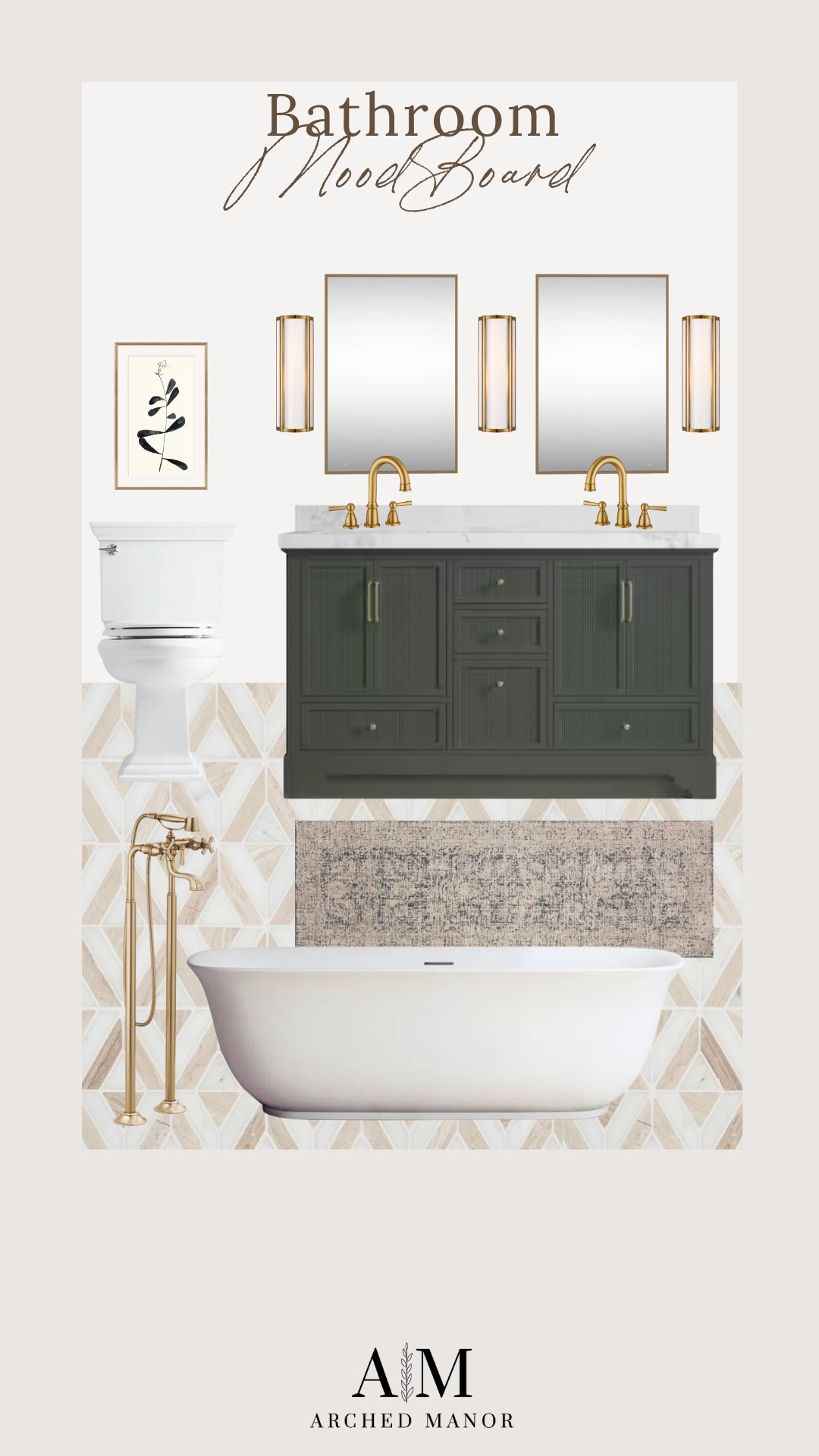 Bathroom Moodboard | bathtub, styling, vanity, mirror, gold accents