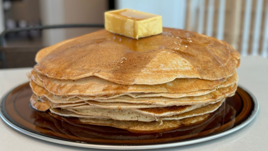 A big stack of Uncle Buck Pancakes made on a Blackstone Griddle