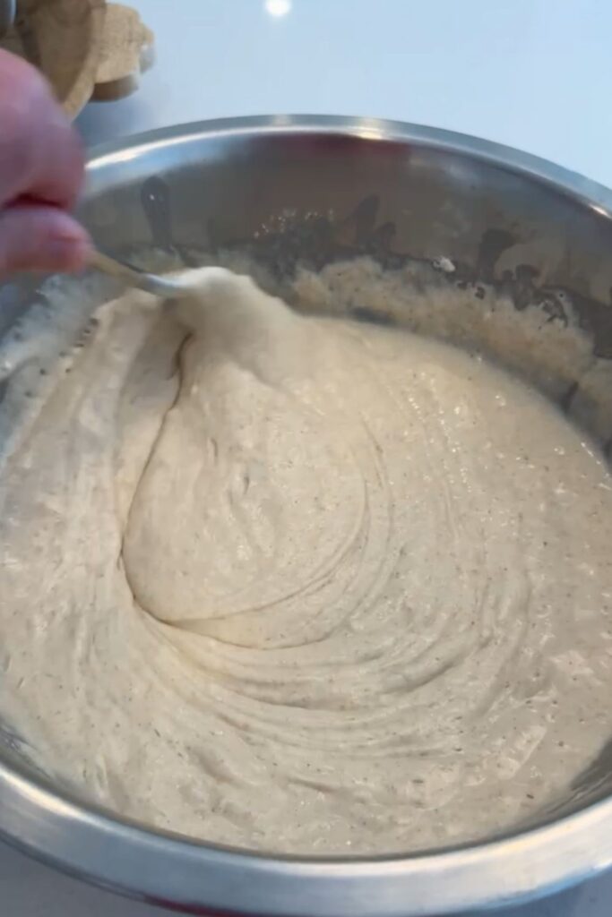 Just add water to the pancake mix and stir until the consistency is just right